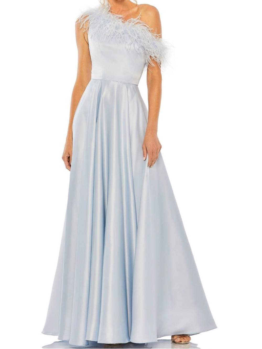 Mac Duggal One Shoulder Feathers Maxi Dress Powder Blue Satin Formal Pockets